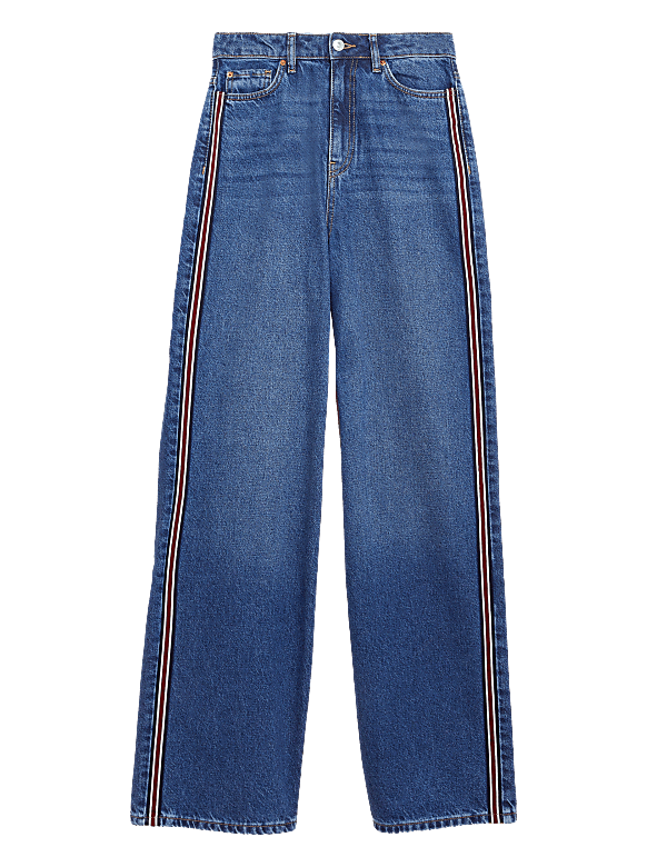High Waisted Side Trim Wide Leg Jeans