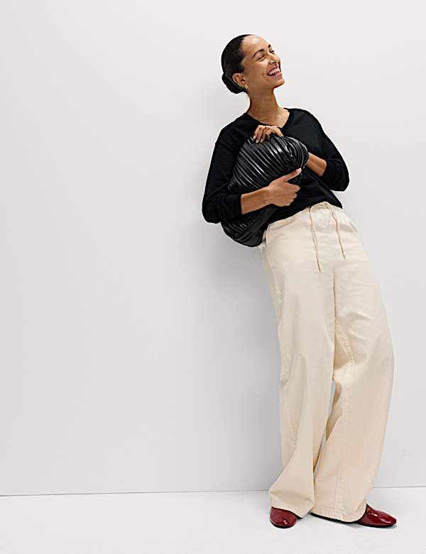 Denim Drawstring Wide-Leg Trousers