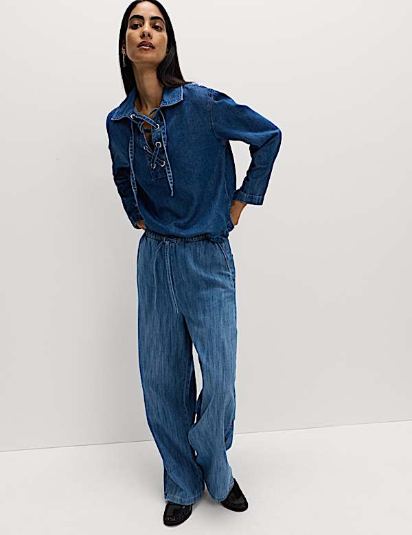 Denim Drawstring Wide-Leg Trousers