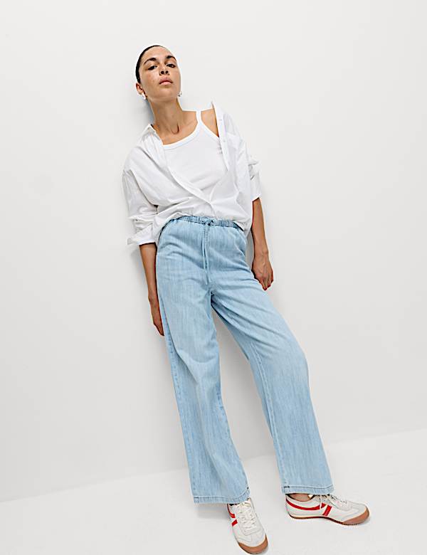 Pantalon jambe large en jean avec cordon - FR