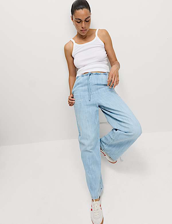 Pantalon jambe large en jean avec cordon - FR