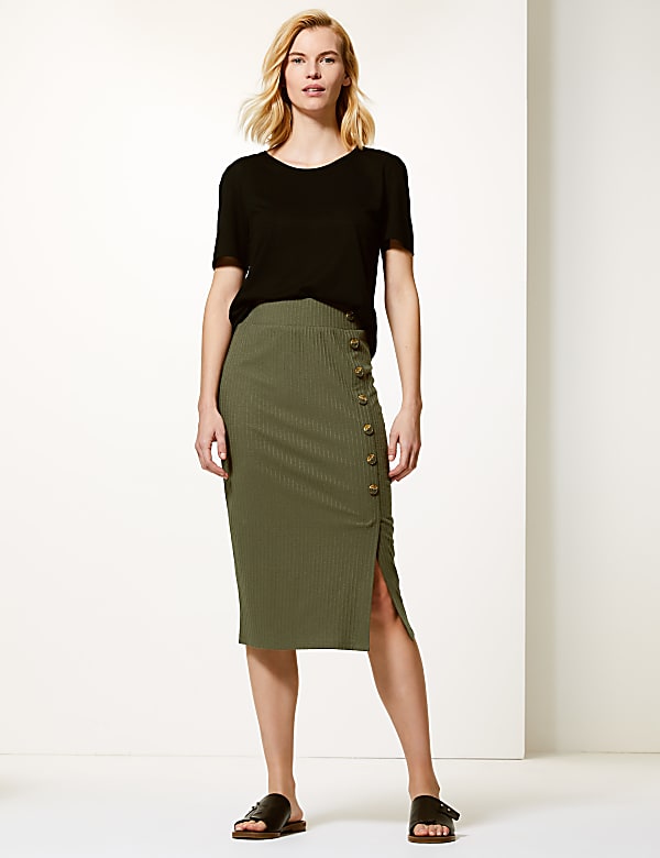 Ribbed Jersey Pencil Midi Skirt