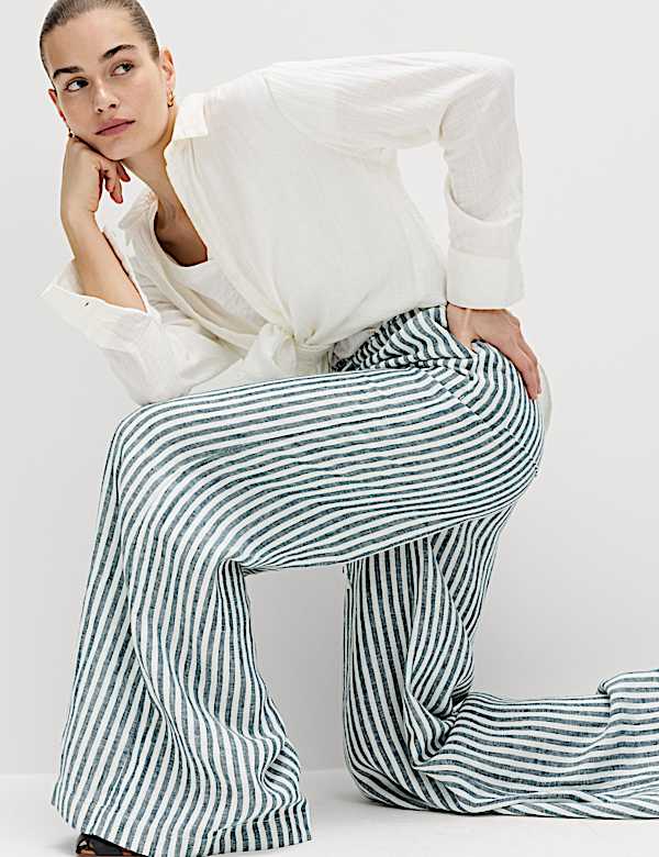 Pure Linen Wide Leg Palazzo Trousers - AT
