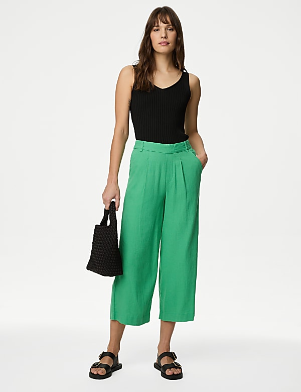 Linen Rich Wide Leg Cropped Trousers - NZ