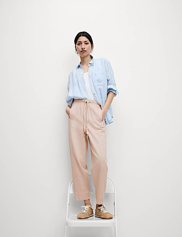 Drawstring Pull On Garment Dye Cropped Tapered Trousers - ES