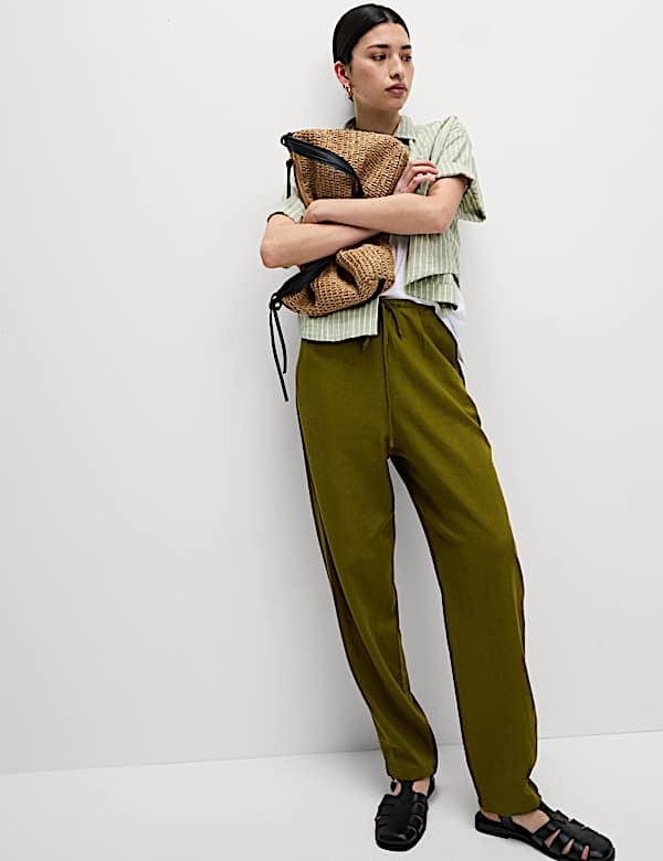 Linen-Rich Drawstring Tapered Trousers
