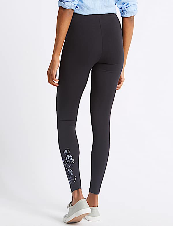 Cotton Rich Embroidered Hem Leggings
