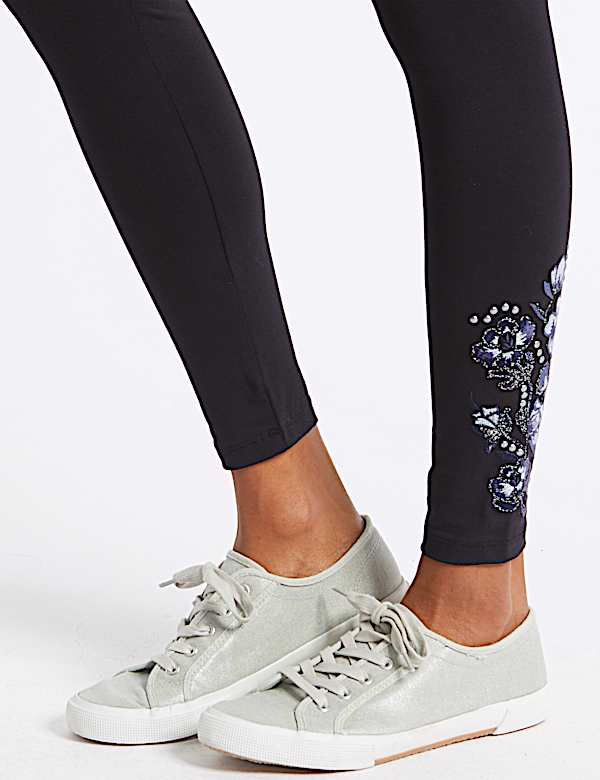 Cotton Rich Embroidered Hem Leggings