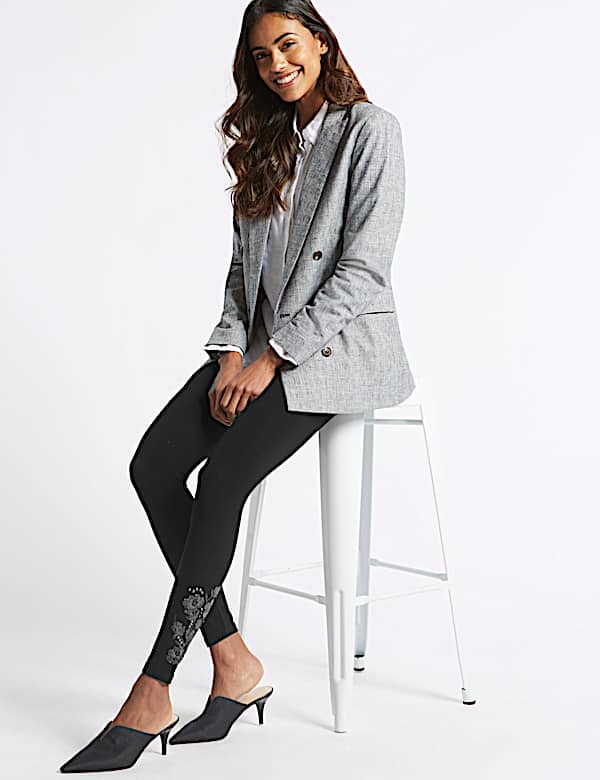 Cotton Rich Embroidered Hem Leggings