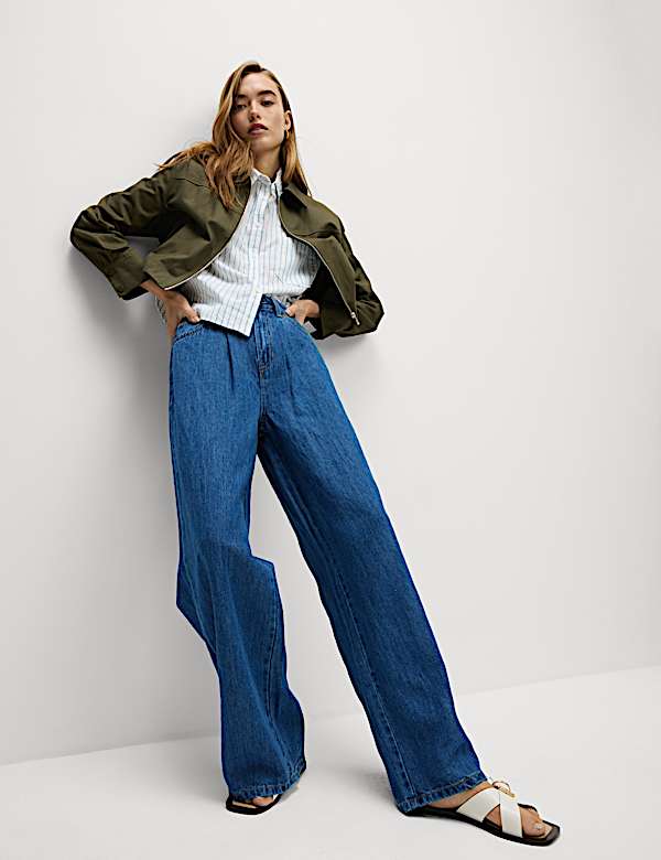 Linen Blend Denim Wide Leg Trousers - IS