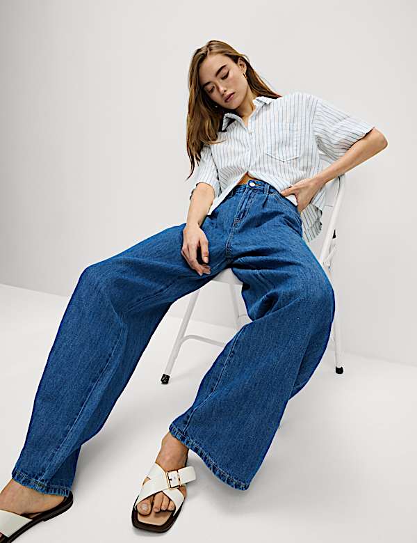 Linen Blend Denim Wide Leg Trousers - IS