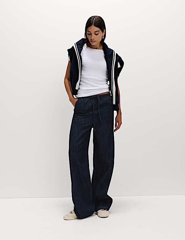 Cotton Rich Denim Side Stripe Wide Leg Trousers