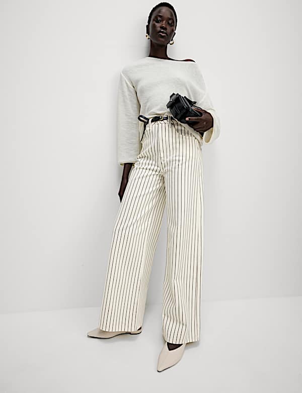 Pure Cotton Striped Wide Leg Trousers