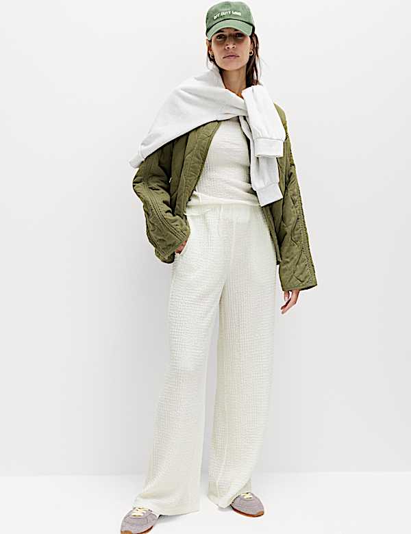 Textured Pull On Wide Leg Trousers
