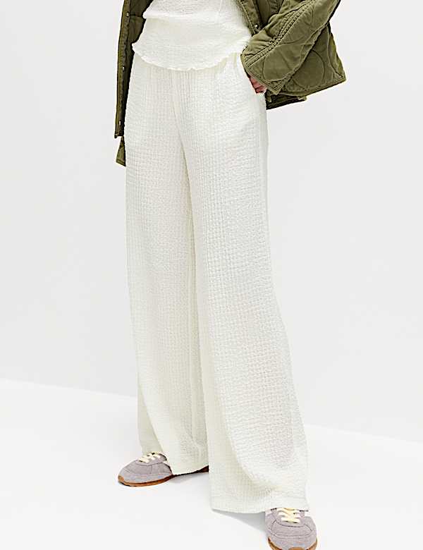 Textured Pull On Wide Leg Trousers