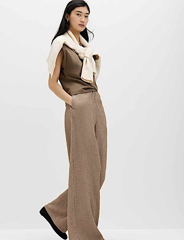 Textured Pull On Wide Leg Trousers