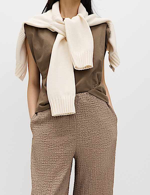 Textured Pull On Wide Leg Trousers