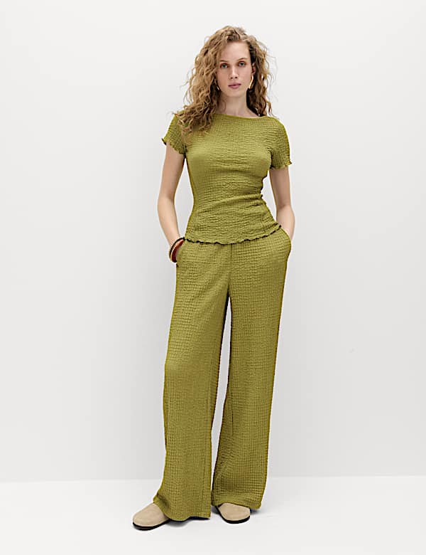 Textured Pull On Wide Leg Trousers