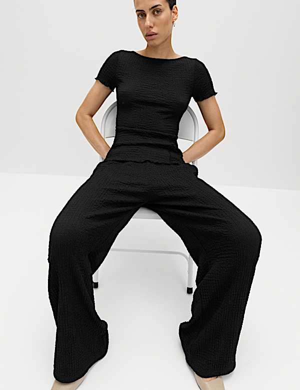 Textured Pull On Wide Leg Trousers