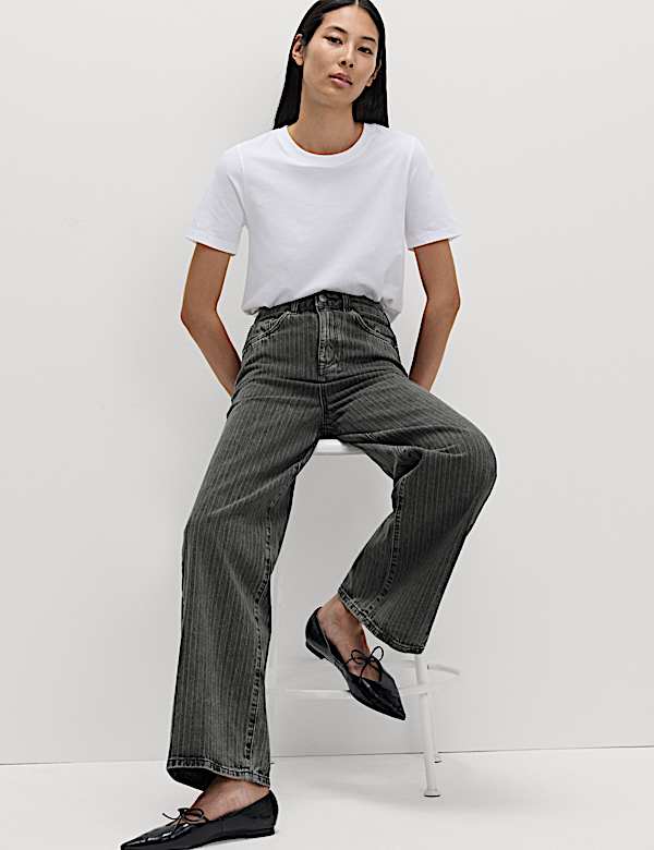 Jean taille haute coupe large &agrave; rayures fines - BE