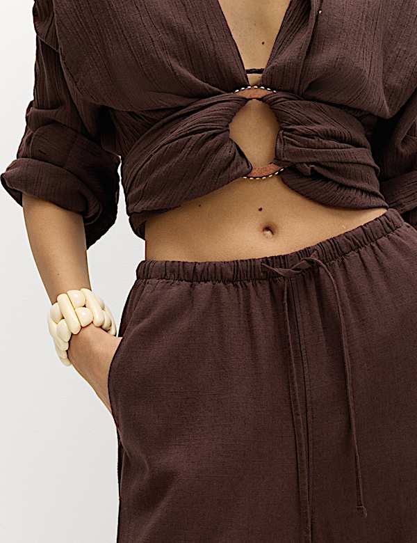 מכנסיים בגזרה רחבה בשילוב פשתן עם שרוך הידוק - IL