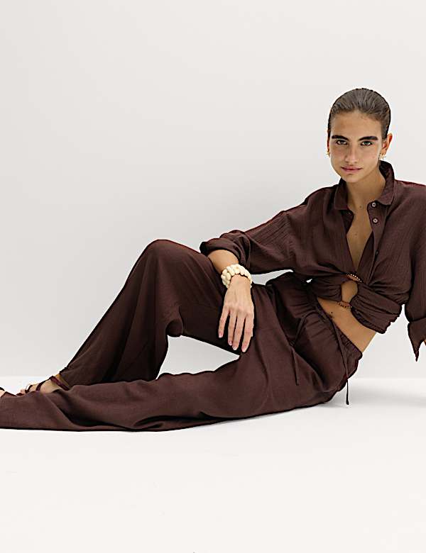 מכנסיים בגזרה רחבה בשילוב פשתן עם שרוך הידוק - IL