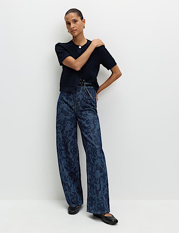 High Waisted Floral Wide Leg Jeans - AT