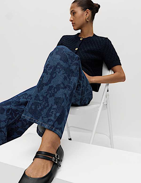 High Waisted Floral Wide Leg Jeans - AT