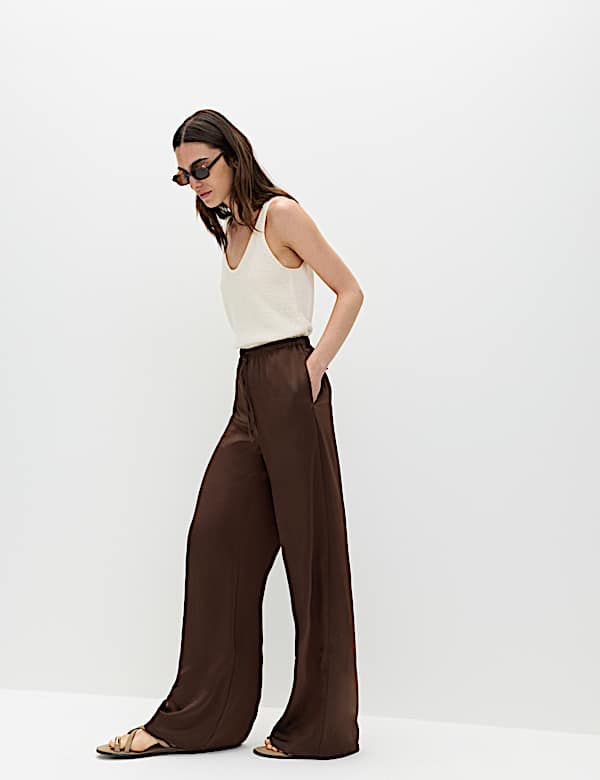 Satin Drawstring Wide Leg Trousers