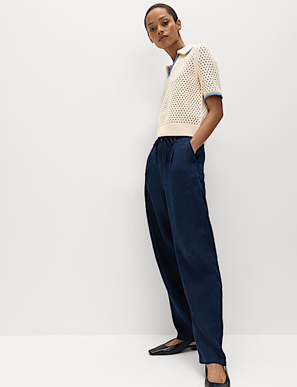 Pure Linen Pleat Front Belted Tapered Trousers