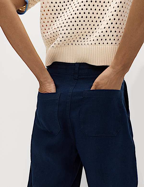 Pure Linen Pleat Front Belted Tapered Trousers