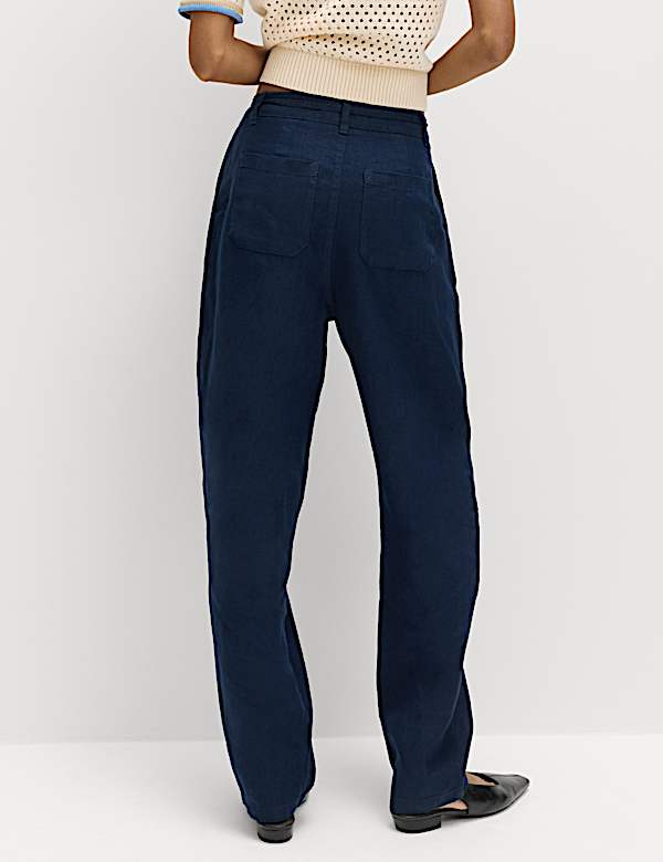 Pure Linen Pleat Front Belted Tapered Trousers