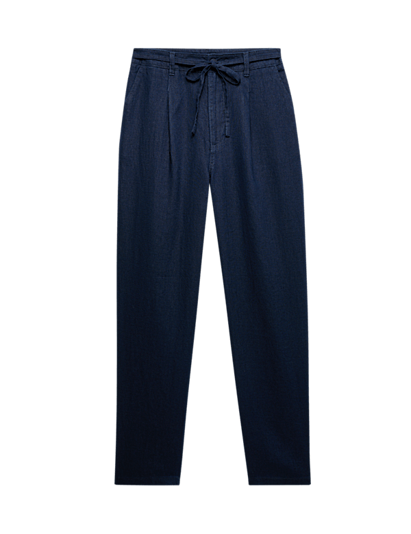 Pure Linen Pleat Front Belted Tapered Trousers