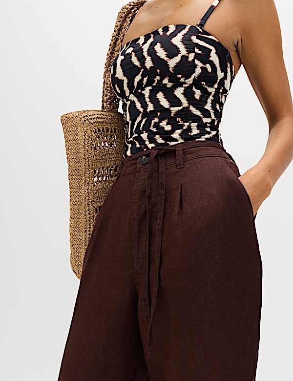 Pure Linen Pleat Front Belted Tapered Trousers