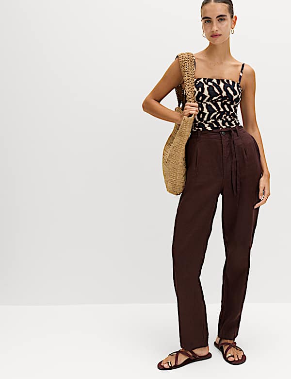 Pure Linen Pleat Front Belted Tapered Trousers
