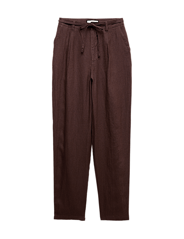 Pure Linen Pleat Front Belted Tapered Trousers