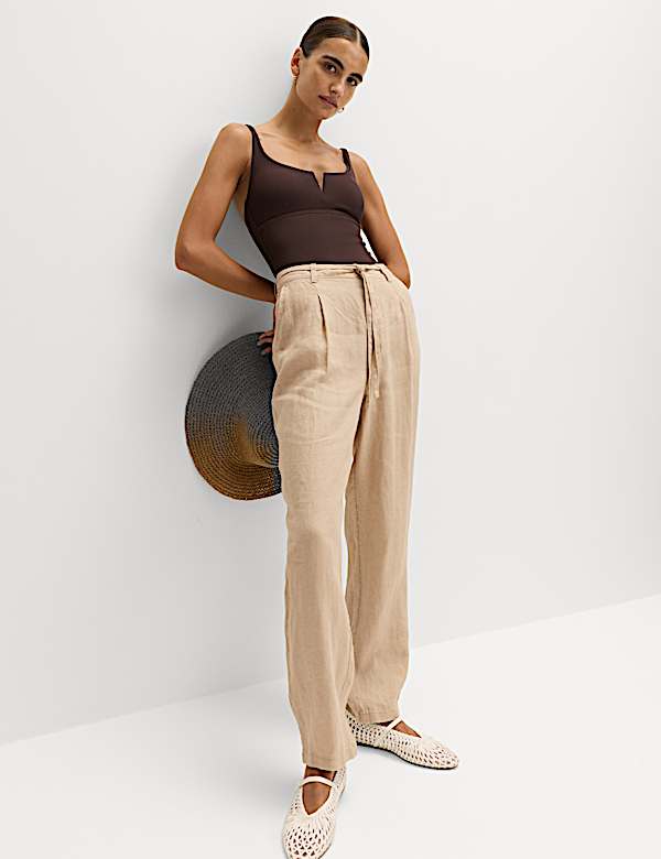 Pure Linen Pleat Front Belted Tapered Trousers