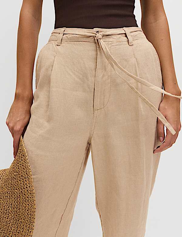 Pure Linen Pleat Front Belted Tapered Trousers