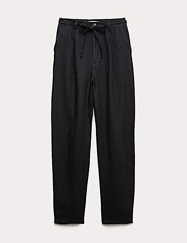 Pure Linen Pleat Front Belted Tapered Trousers - NZ