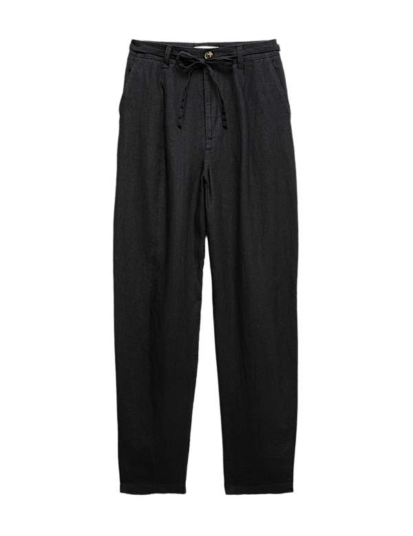 Pure Linen Pleat Front Belted Tapered Trousers