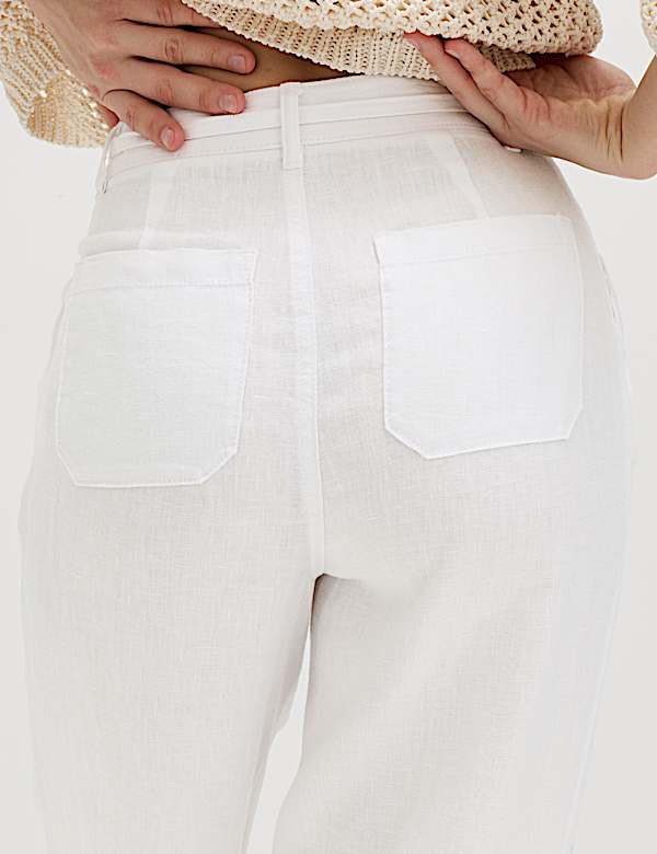Pure Linen Pleat Front Belted Tapered Trousers