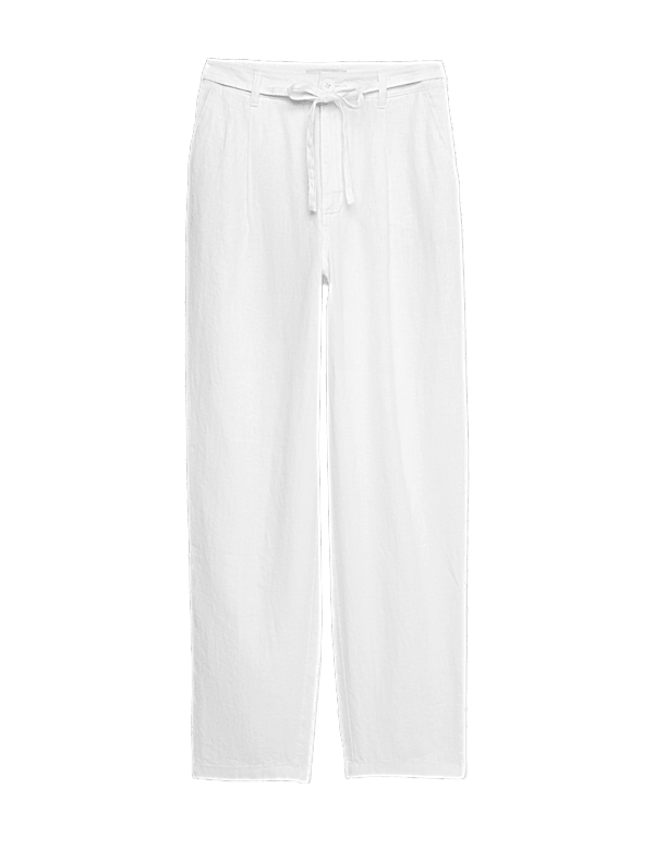 Pure Linen Pleat Front Belted Tapered Trousers