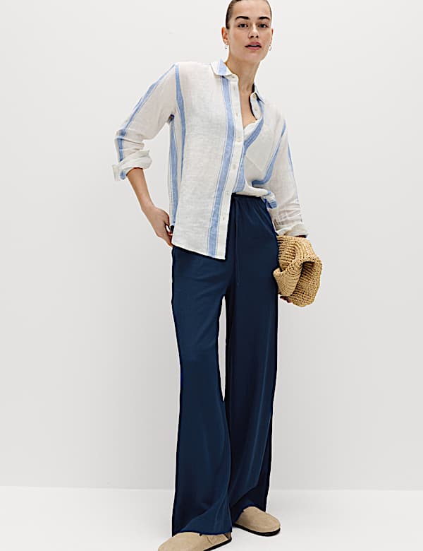 Linen Rich Drawstring Wide Leg Trousers