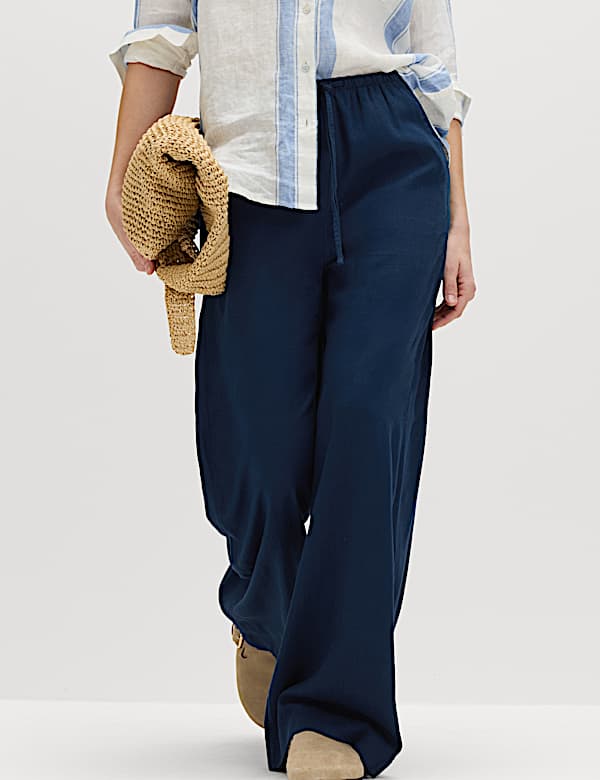 Linen Rich Drawstring Wide Leg Trousers
