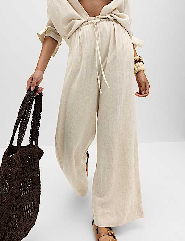 Linen Rich Drawstring Wide Leg Trousers