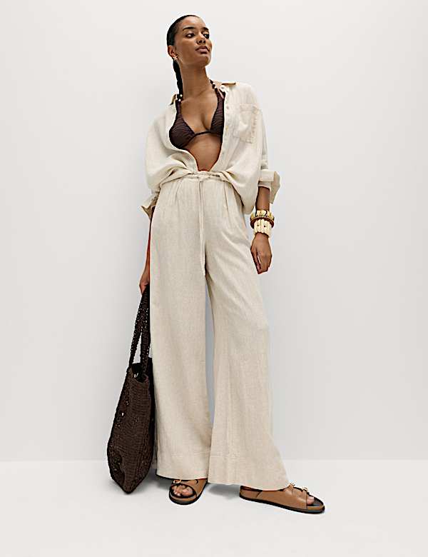 Linen Rich Drawstring Wide Leg Trousers