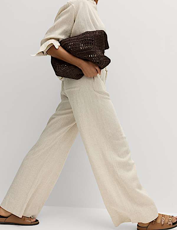 Linen Rich Drawstring Wide Leg Trousers