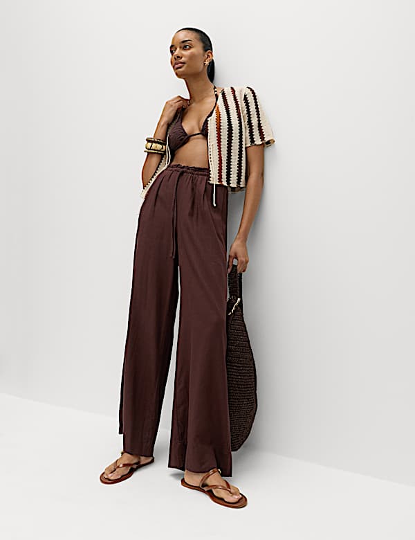 Linen Rich Drawstring Wide Leg Trousers