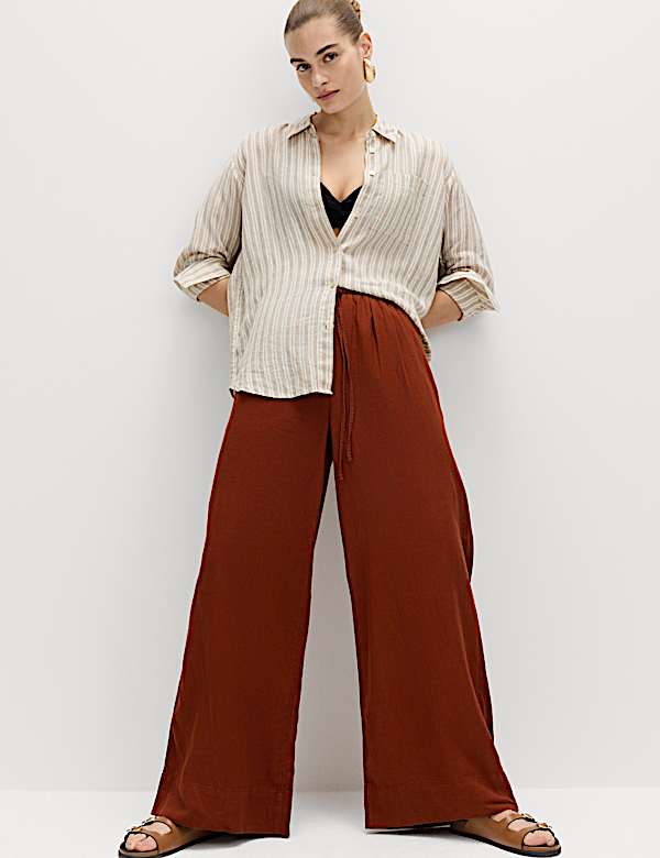 Linen Rich Drawstring Wide Leg Trousers