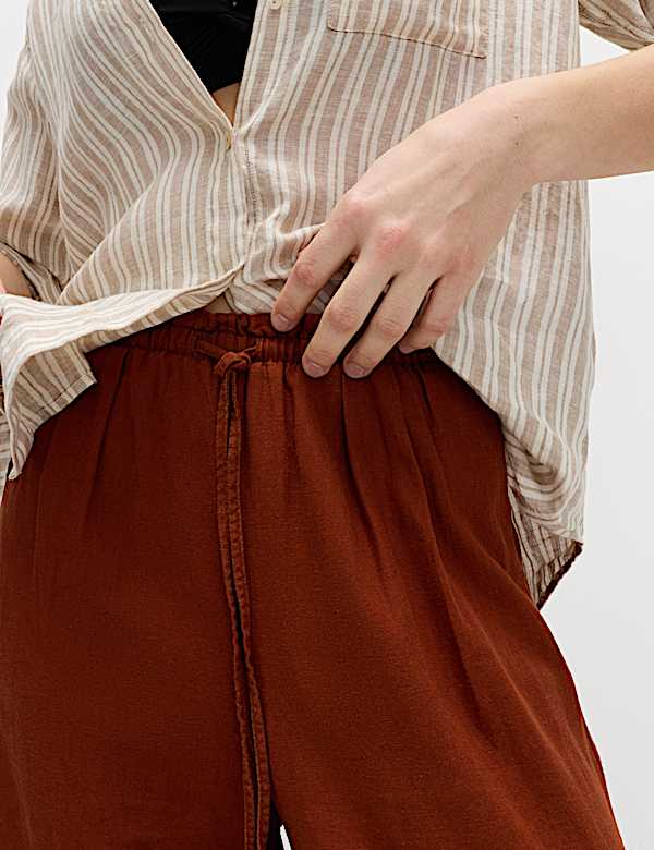 Linen Rich Drawstring Wide Leg Trousers